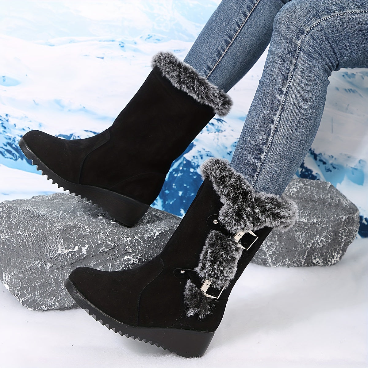 Mid Heel Wedge Boots for Women - Flannel Lined, Buckle Strap, Round Toe, Rubber Sole, Pull-On Closure, Perfect for Winter and Comfort Occasions