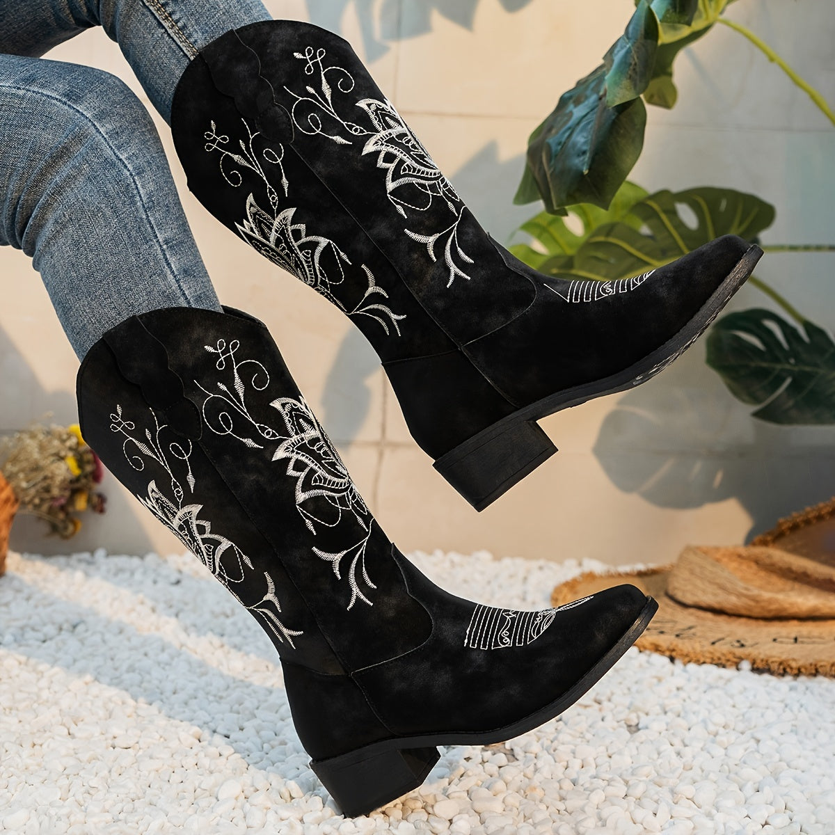 Women&#39;s Embroidered Western Mid-Calf Boots - Comfy Low Block Heel, Square Toe, Easy Slip-On Casual Cowboy Boots