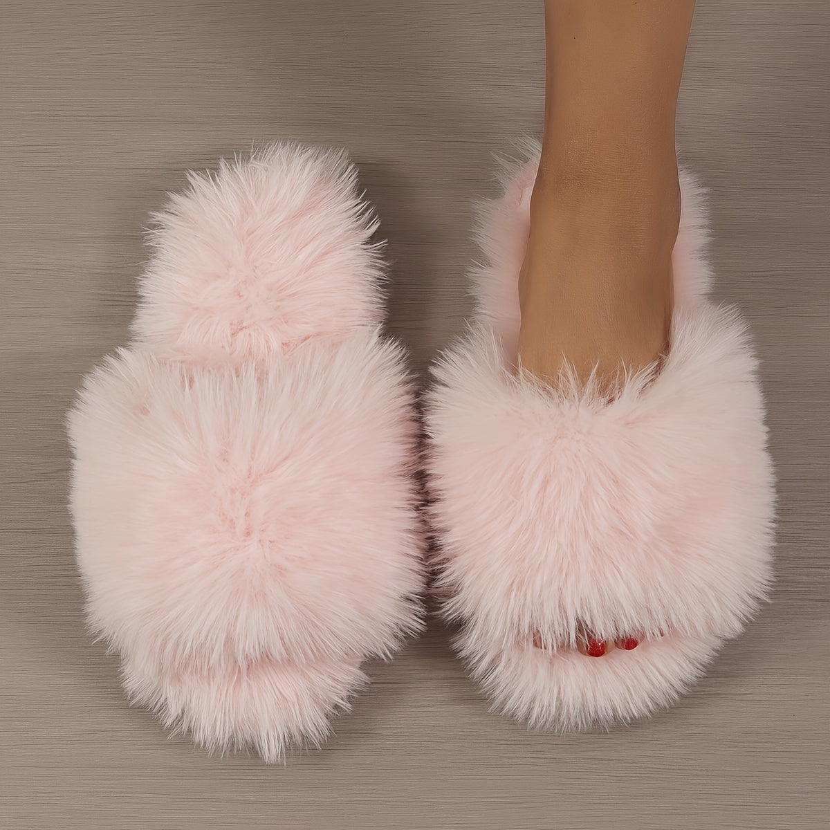 Women&#39;s Fluffy Furry Winter Slippers, Solid Color Open Toe Soft Flat Shoes, Cozy &amp; Warm Home Floor Slippers