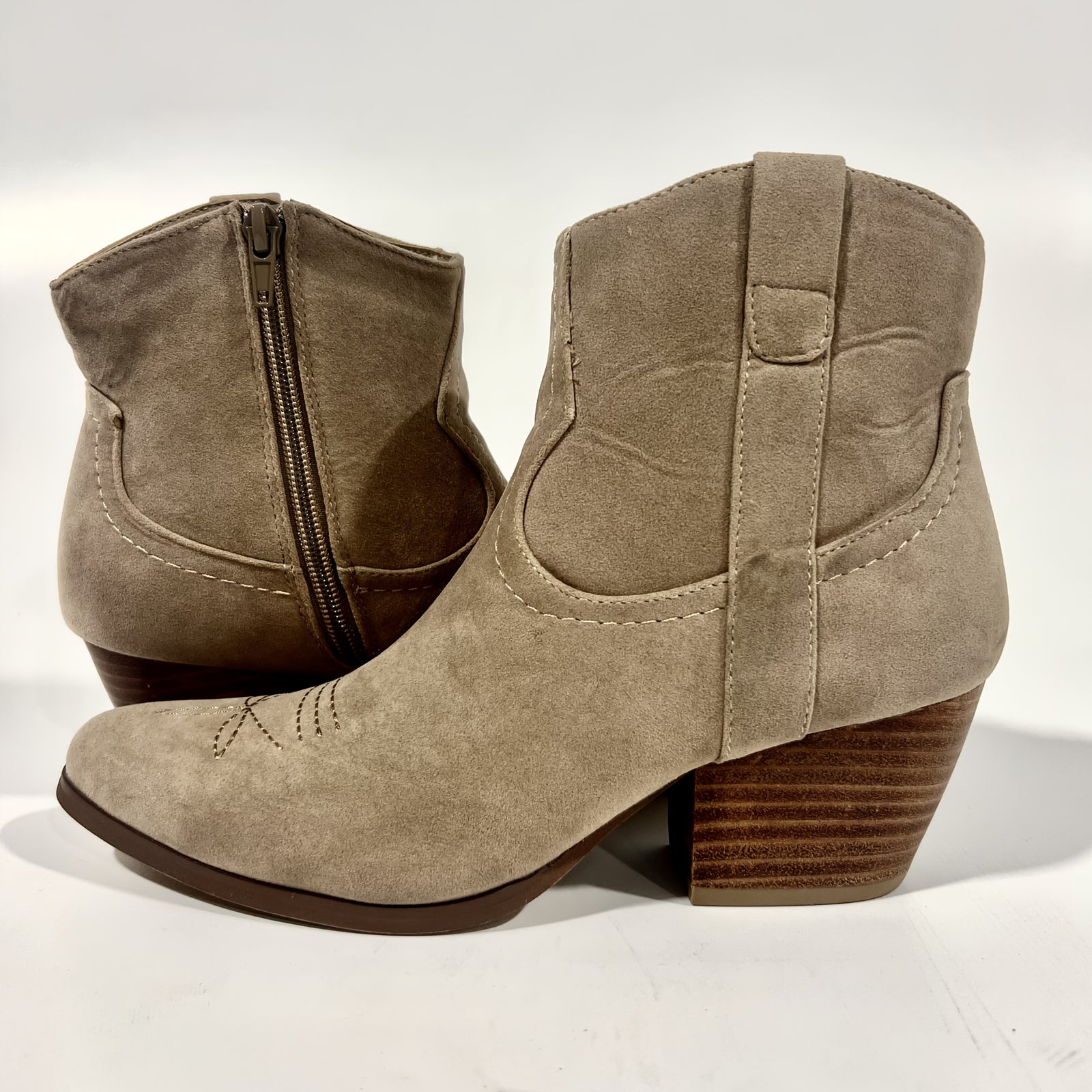 Women’s Western Ankle Booties - Embroidered, Side Zipper, Pointed Toe, Mid-Chunky Heel, All-Season.