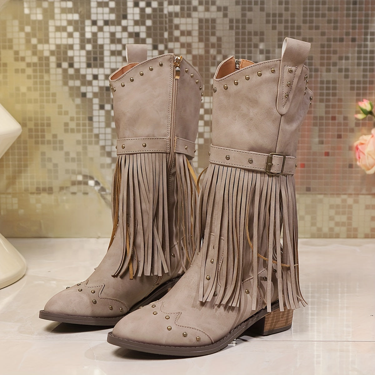 Stylish Tassel Chunky Heel Mid-Calf Boots - Pointed Toe, Side Zipper, Comfortable Cowboy Boots for Women, Trendy & Durable