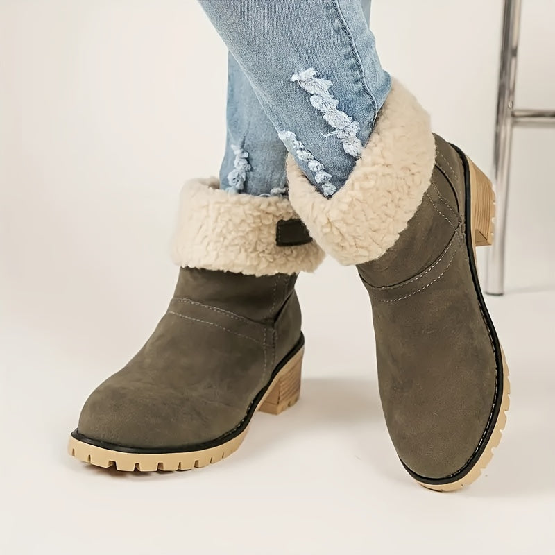 Women's Solid Color Chunky Heel Boots, Casual Slip On Plush Lined Boots, Comfortable Winter Ankle Boots