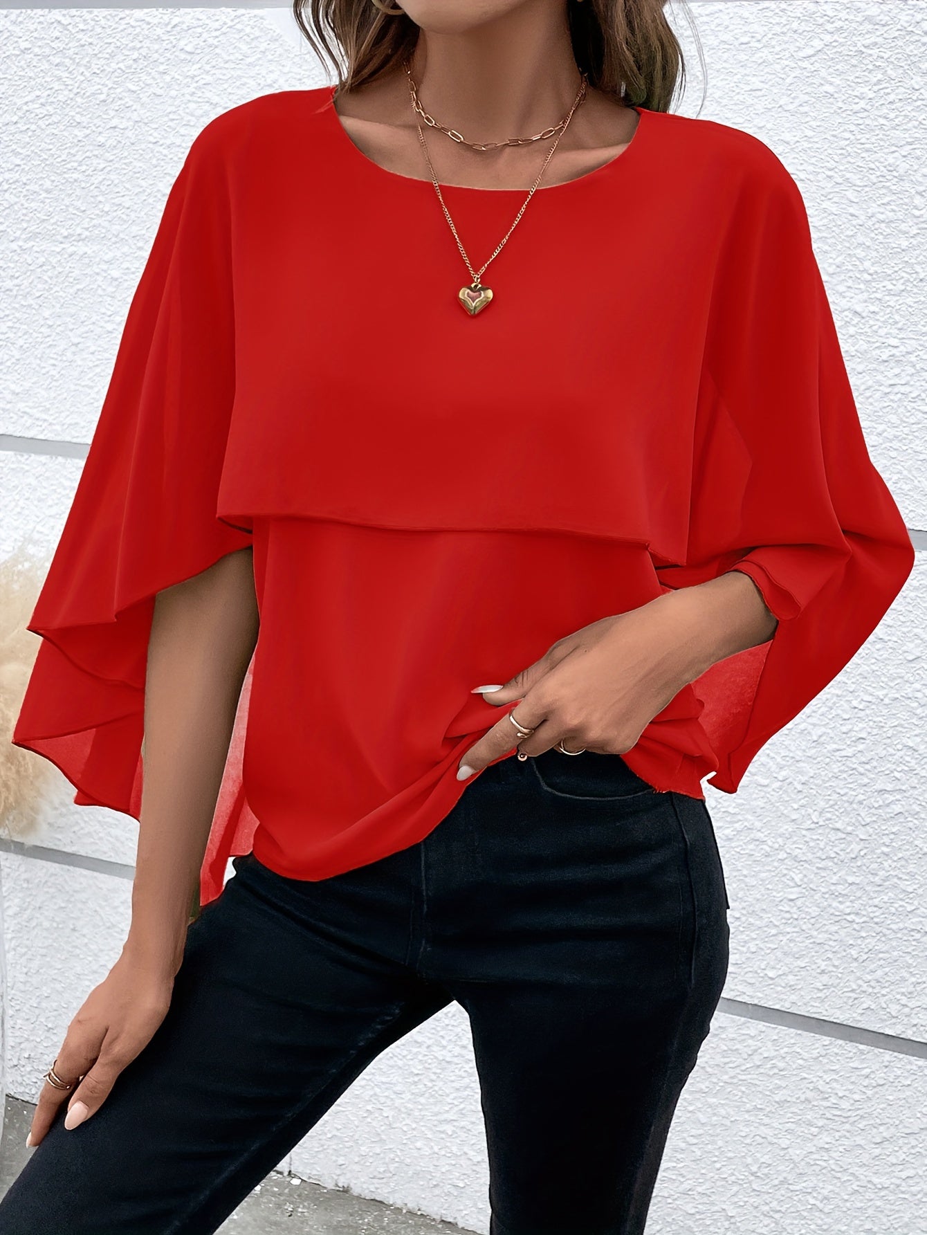 Solid Layered Cloak Sleeve Blouse, Versatile Crew Neck Blouse For Spring & Fall, Women's Clothing