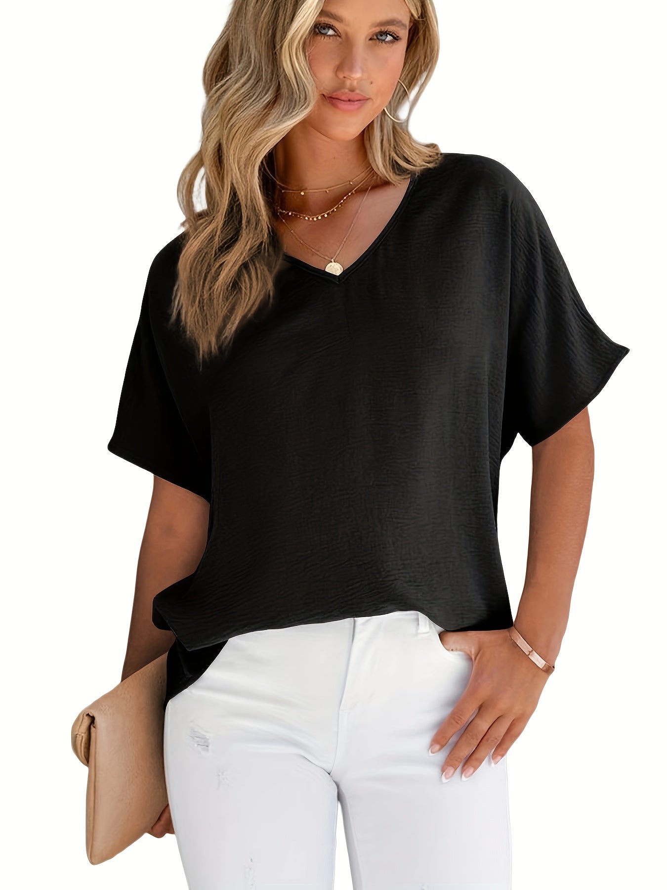 Solid Versatile Blouse, Casual V Neck Short Sleeve Blouse, Women's Clothing