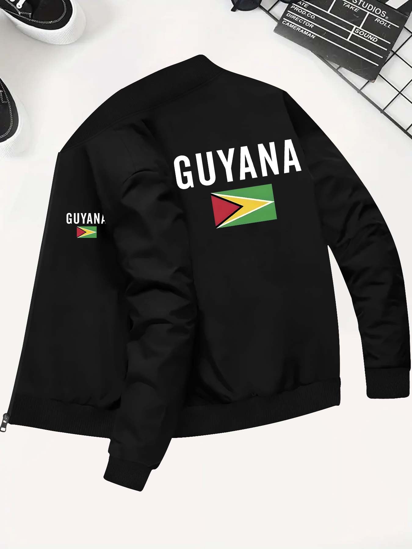 Guyana-Inspired Men's Casual Jacket - Slim Fit, Zip-Up Stand Collar with Pockets, Perfect for Fall/Winter Outings