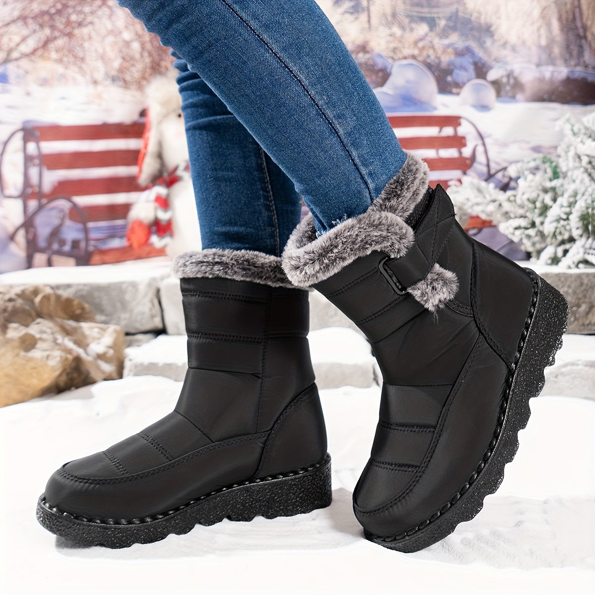 Velvettouch, Women's Winter Anti-Slip Snow Boots with Faux Fur Lining and Adjustable Straps - Casual Mid-Heel Fabric Ankle Booties