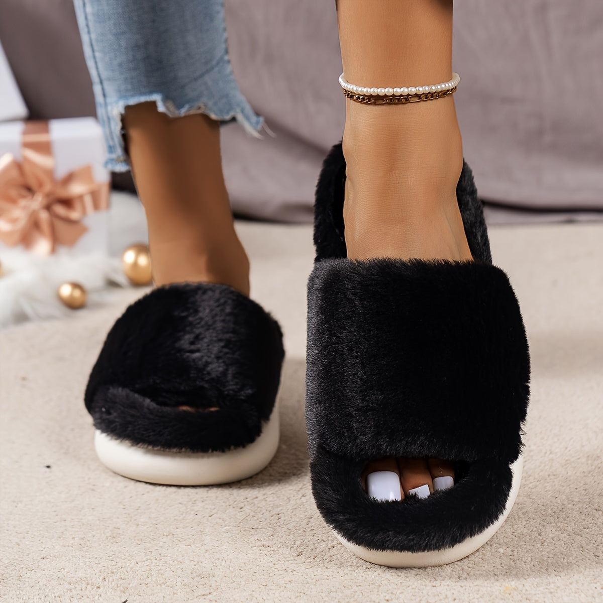 Cozy Fluffy Furry House Slippers, Single Band Open Toe Platform Fuzzy Shoes, Comfy Warm Home Slippers