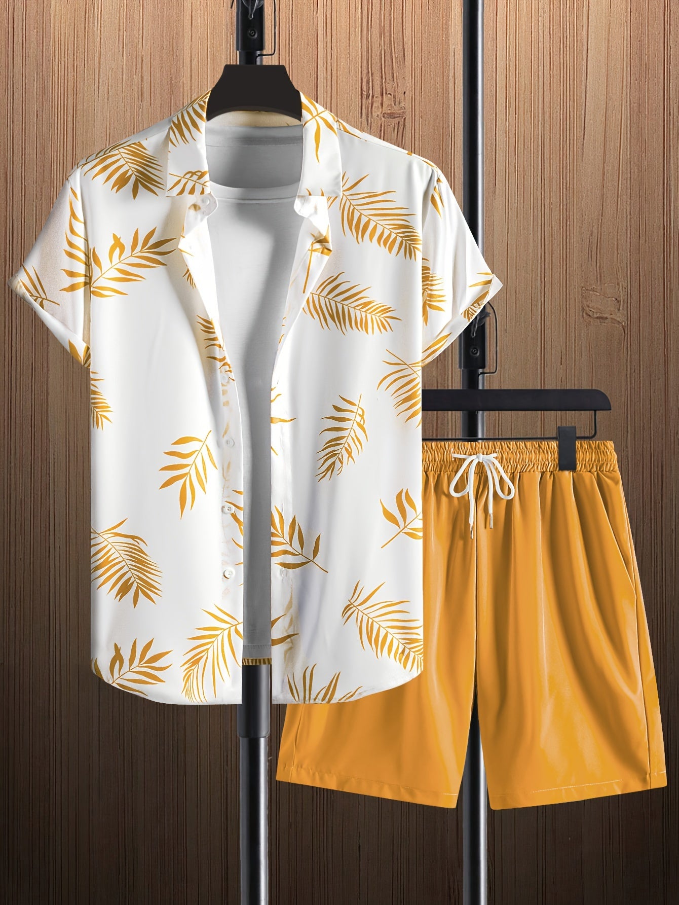 Men's Two-piece Outfits, Leaf Print Button Up Shirt And Drawstring Plain Shorts, Casual Loose Clothing For Summer co ord set