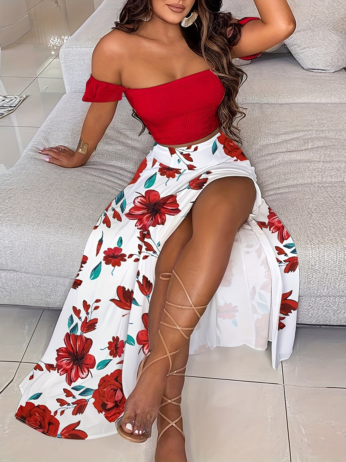 Boho Plants Print Vacation 2 Pieces Set, Off Shoulder Smocked Tube Top &amp; High Waist Split Thigh Maxi Skirts Outfits, Women&#39;s Clothing