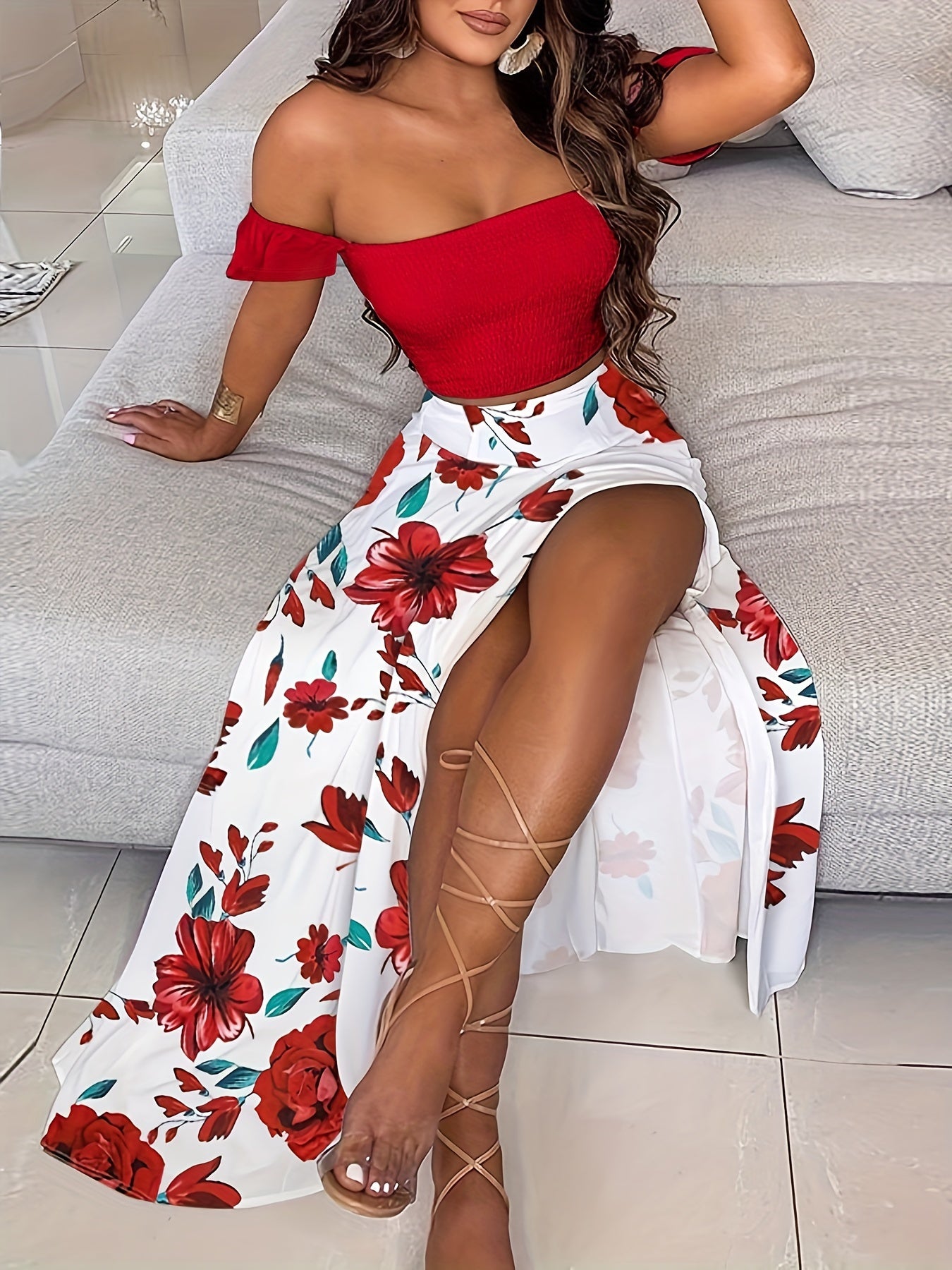 Boho Plants Print Vacation 2 Pieces Set, Off Shoulder Smocked Tube Top & High Waist Split Thigh Maxi Skirts Outfits, Women's Clothing