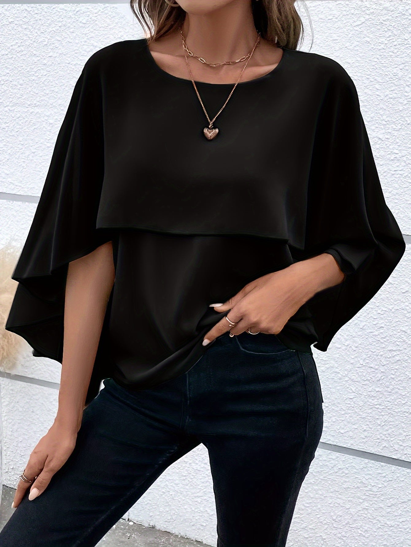 Solid Layered Cloak Sleeve Blouse, Versatile Crew Neck Blouse For Spring & Fall, Women's Clothing