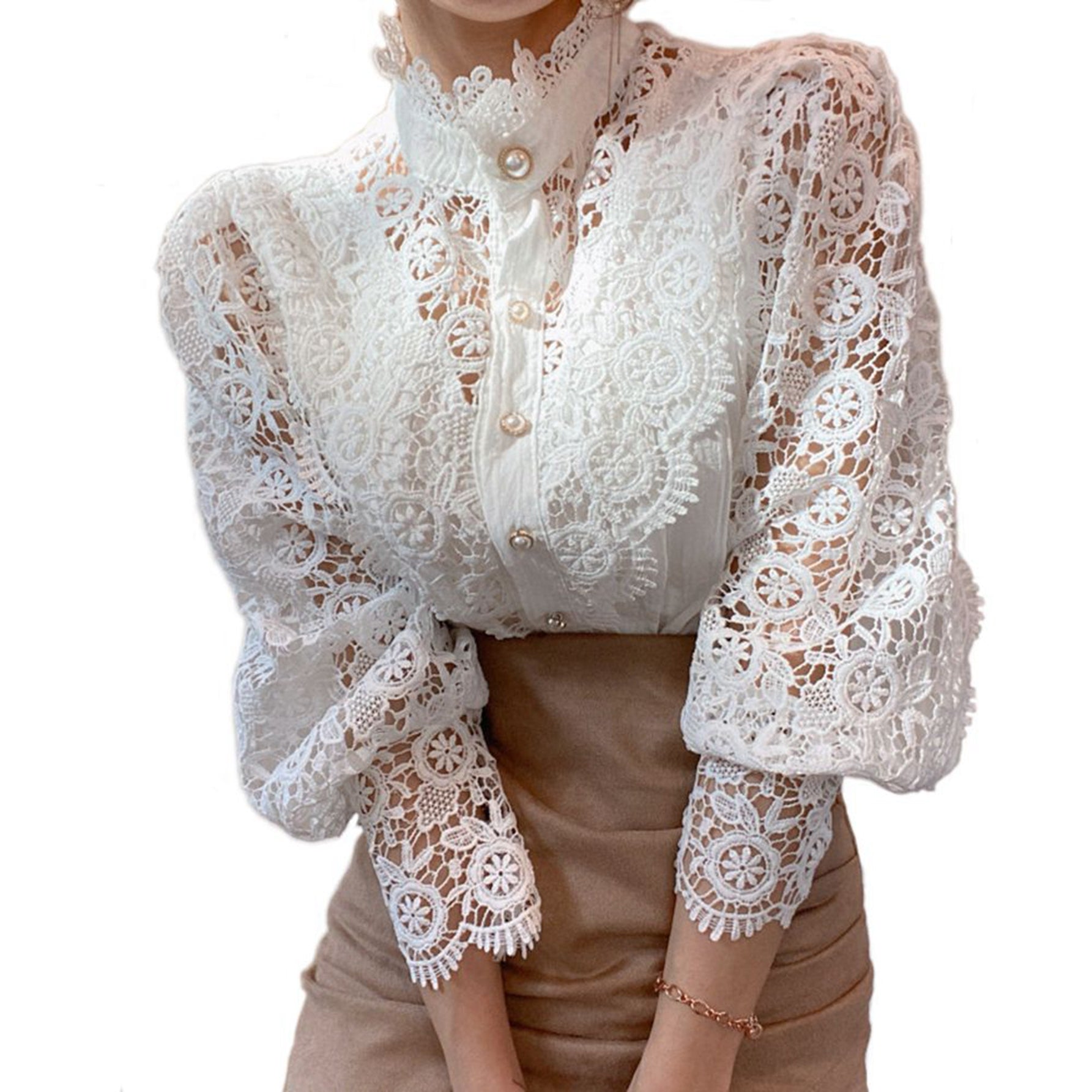 Women's Blouse Lace Puff Sleeve Lantern Sleeve Solid Pleated Women Blouse