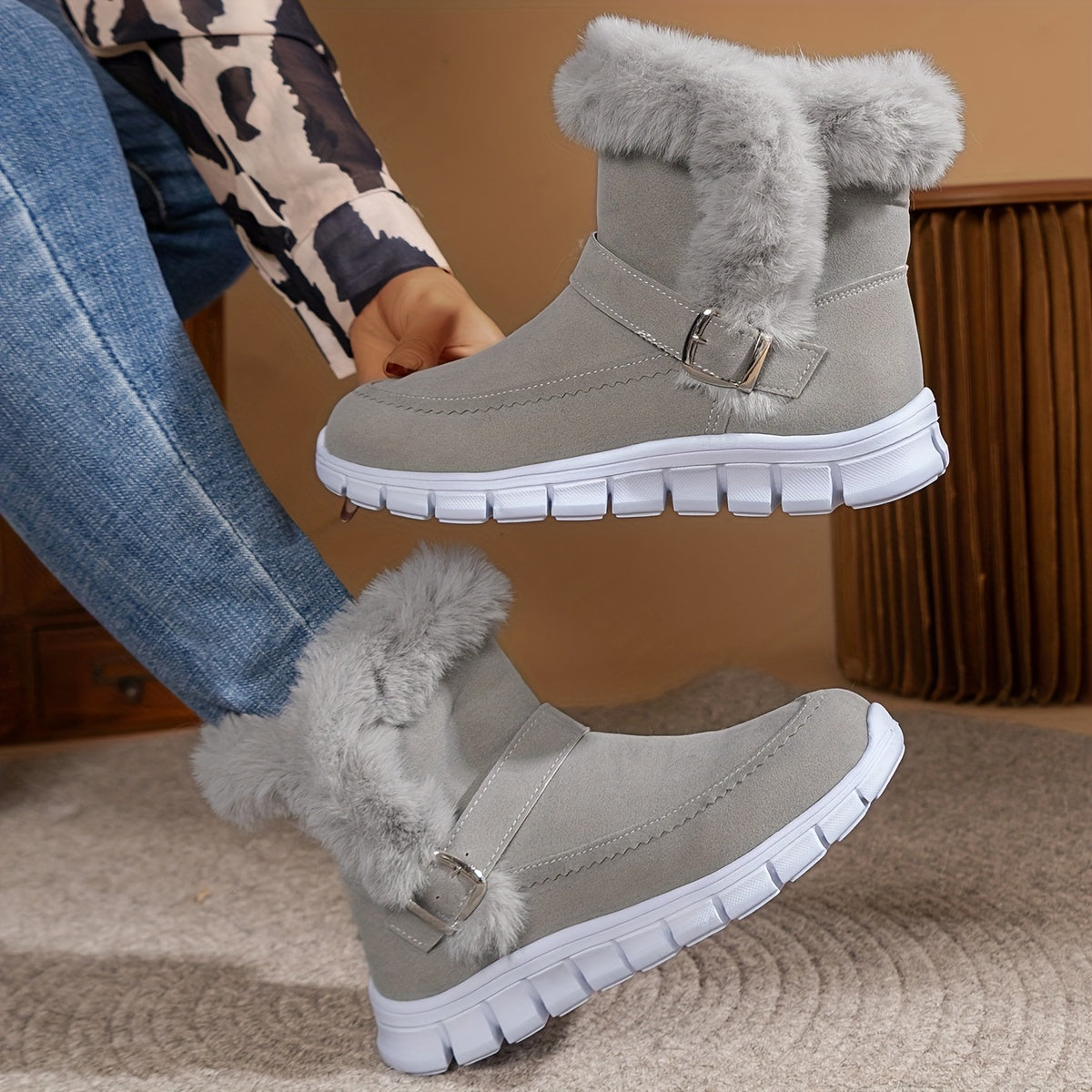 Cozy Winter Snow Boots - Thermal Mid-Calf, Round Toe, Faux Fur Lining, Buckle Design, Non-Slip Sole, Warm Outdoor Booties for Women