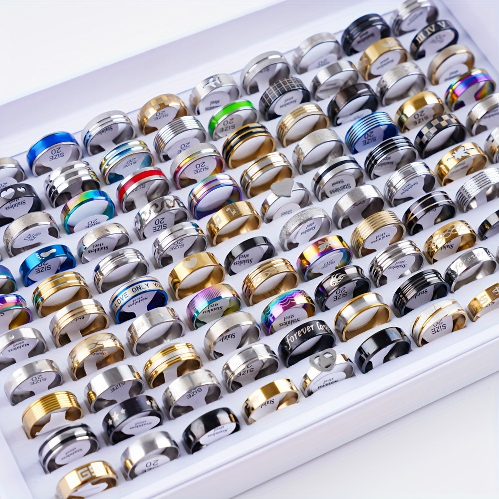 20Pcs/Lot Fashion Stripe Letter Rhinestone Plated Stainless Steel Rings For Men Women Jewelry Party Gifts