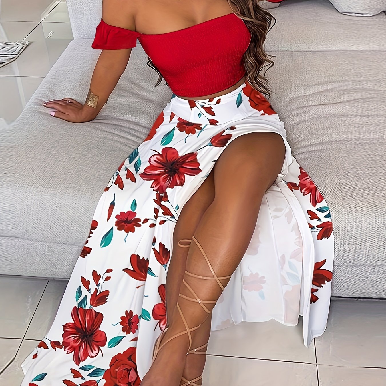 Boho Plants Print Vacation 2 Pieces Set, Off Shoulder Smocked Tube Top & High Waist Split Thigh Maxi Skirts Outfits, Women's Clothing