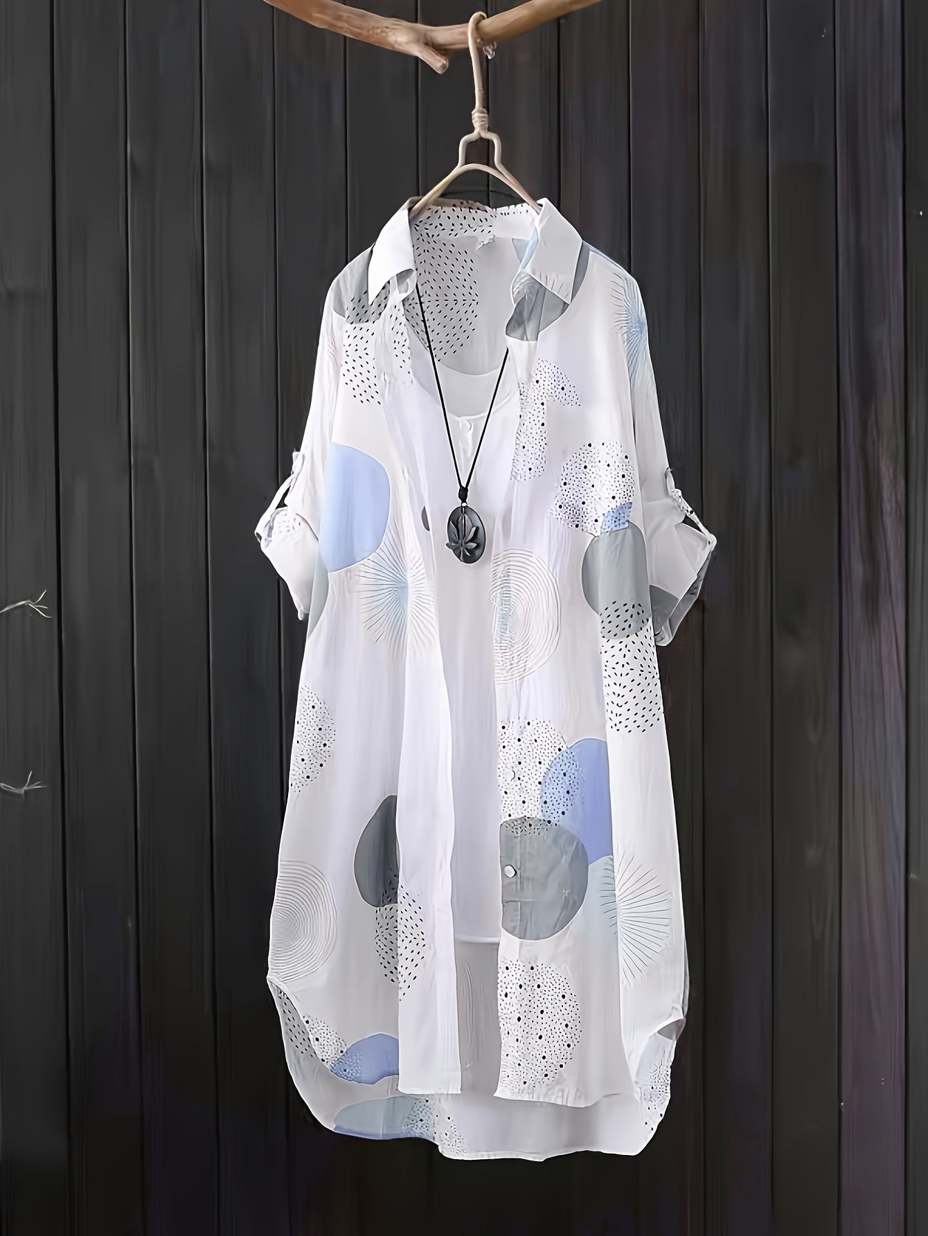 Allover Print Button Front Blouse, Casual Long Sleeve Thigh Length Blouse For Spring & Fall, Women's Clothing