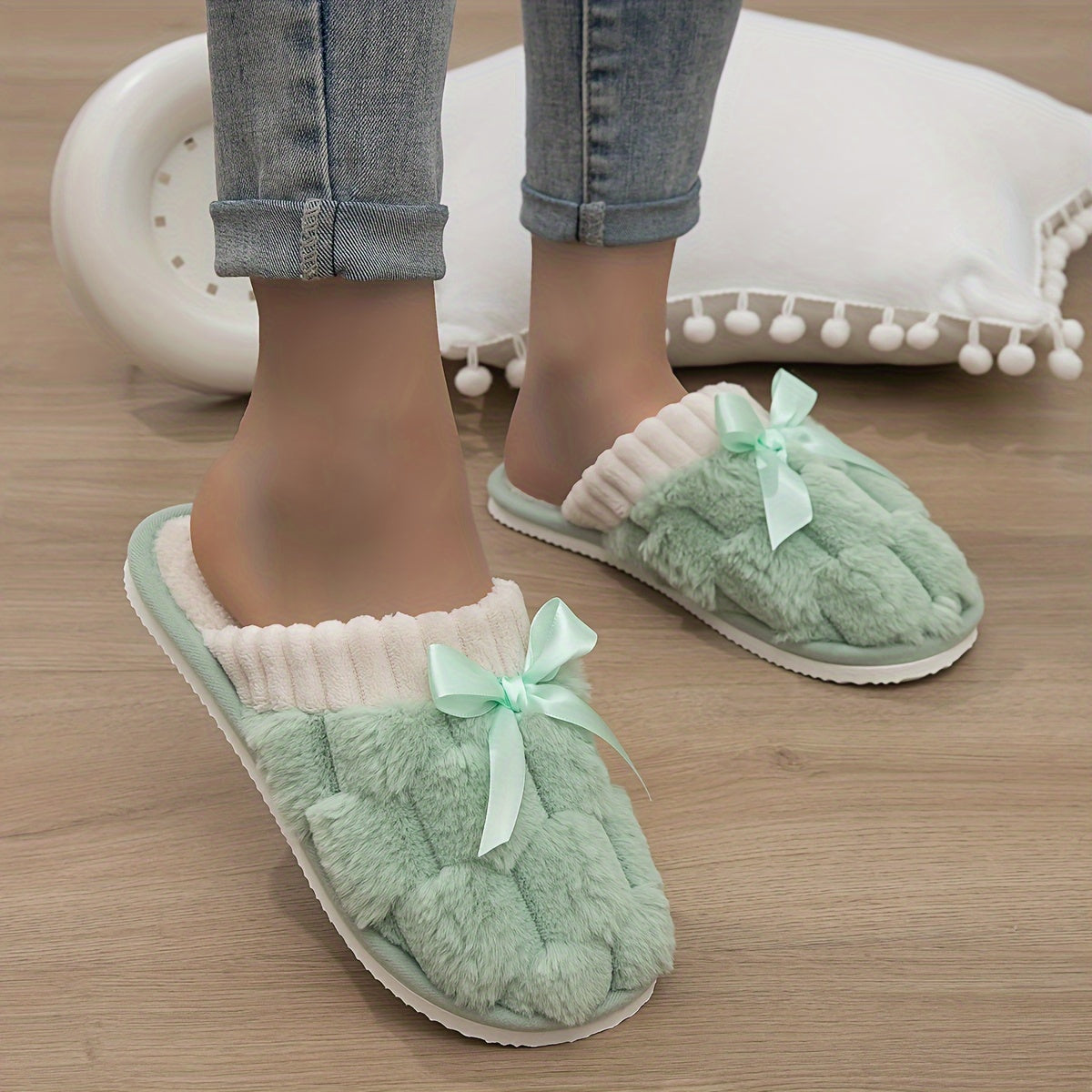 Solid Color Home Warm Slippers, Slip On Soft Sole Fluffy Flat Bowknot Decor Shoes, Winter Plush Cozy Non-slip Shoes