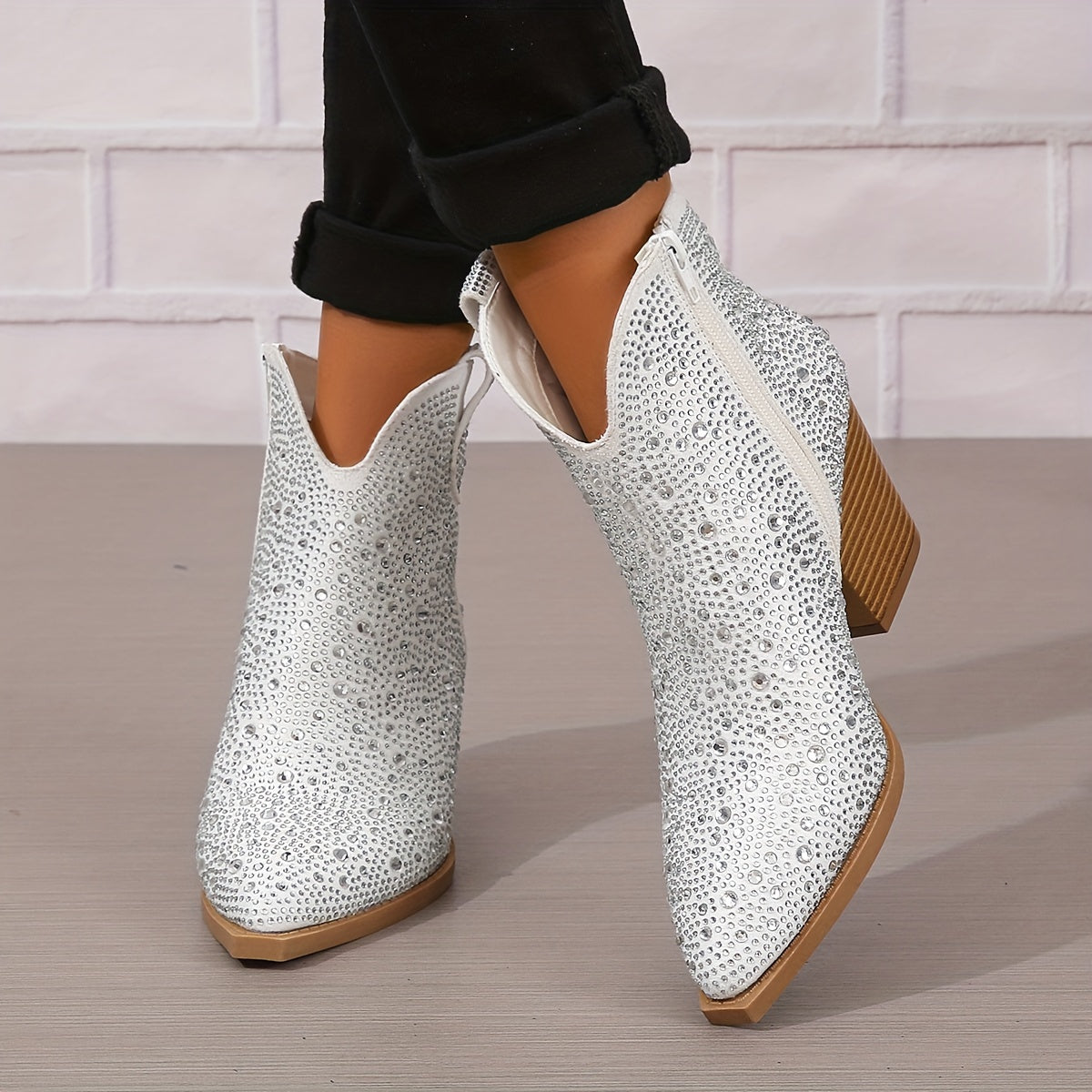 Sparkling Rhinestone Ankle Boots - Chic Pointed Toe, Chunky Heeled Cowboy Style - Fashion-Forward V-cut, Pull-On for Music Festival Glam