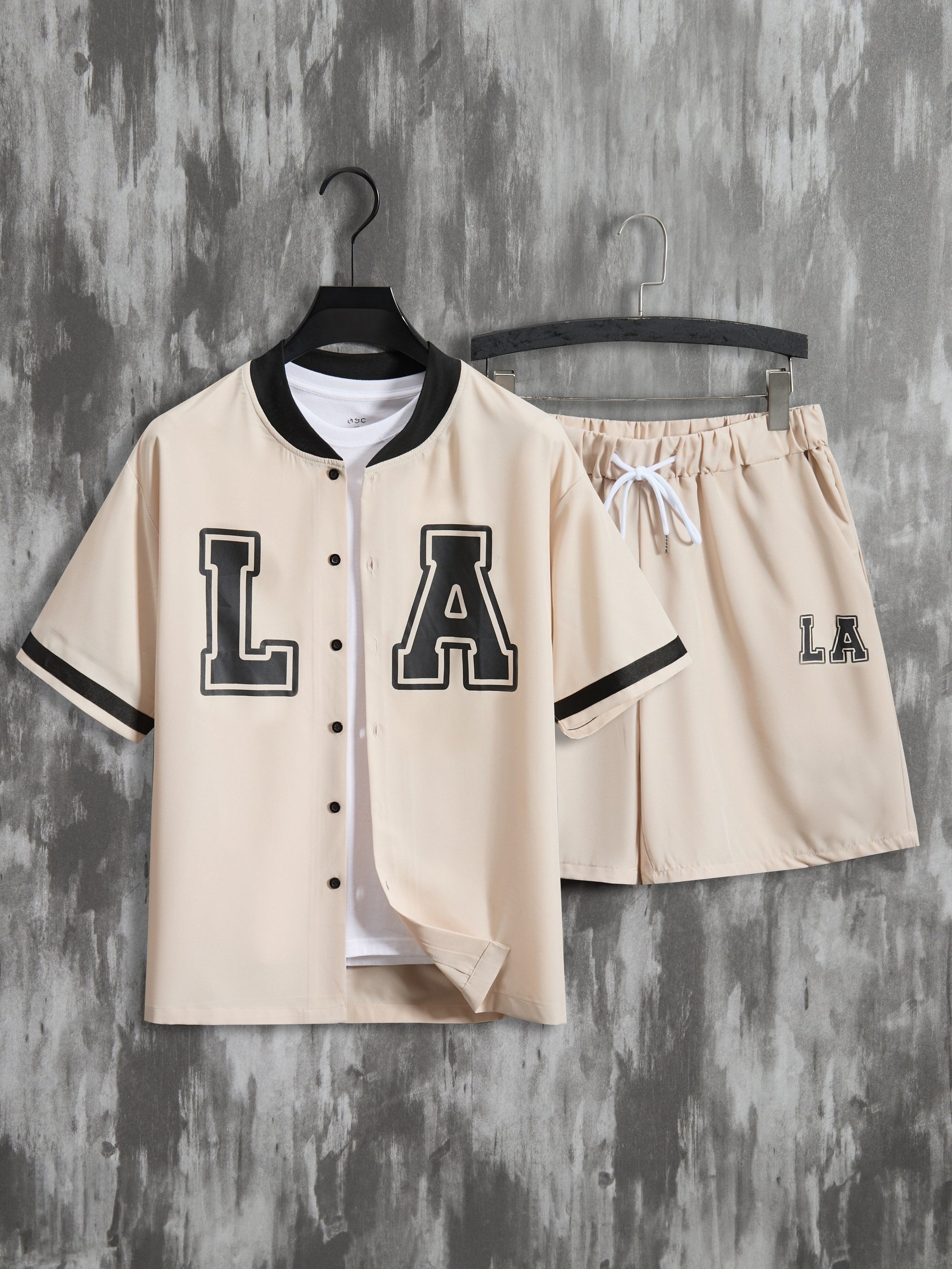 2Pcs Letter Print Outfits for Men, Casual Baseball Jersey Shirt & Drawstring Shorts Set for Summer