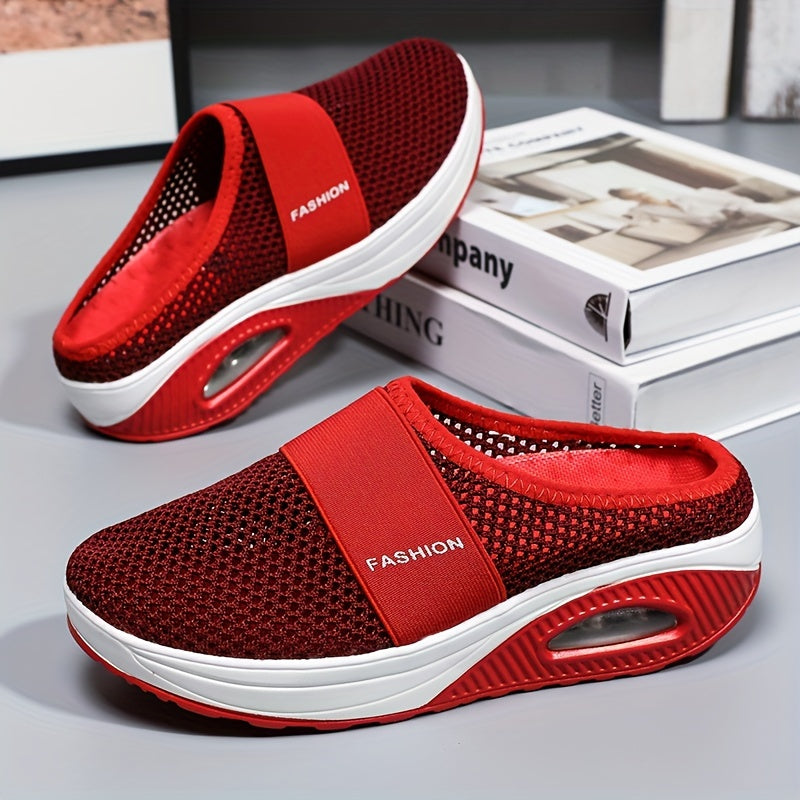 Women's Solid Color Mesh Sneakers, Slip On Soft Sole Platform Home Casual Shoes, Breathable Half Drag Slides Shoes plus size