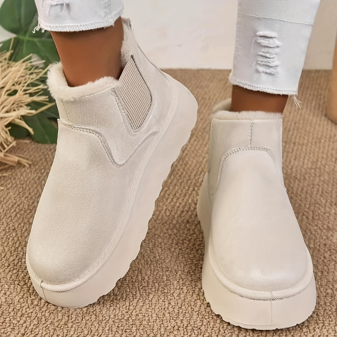 Trendy Winter Comfort: Women's Slip-On Warm Fleece-Lined Boots, Non-Slip Flat Platform in Chic Solid Color