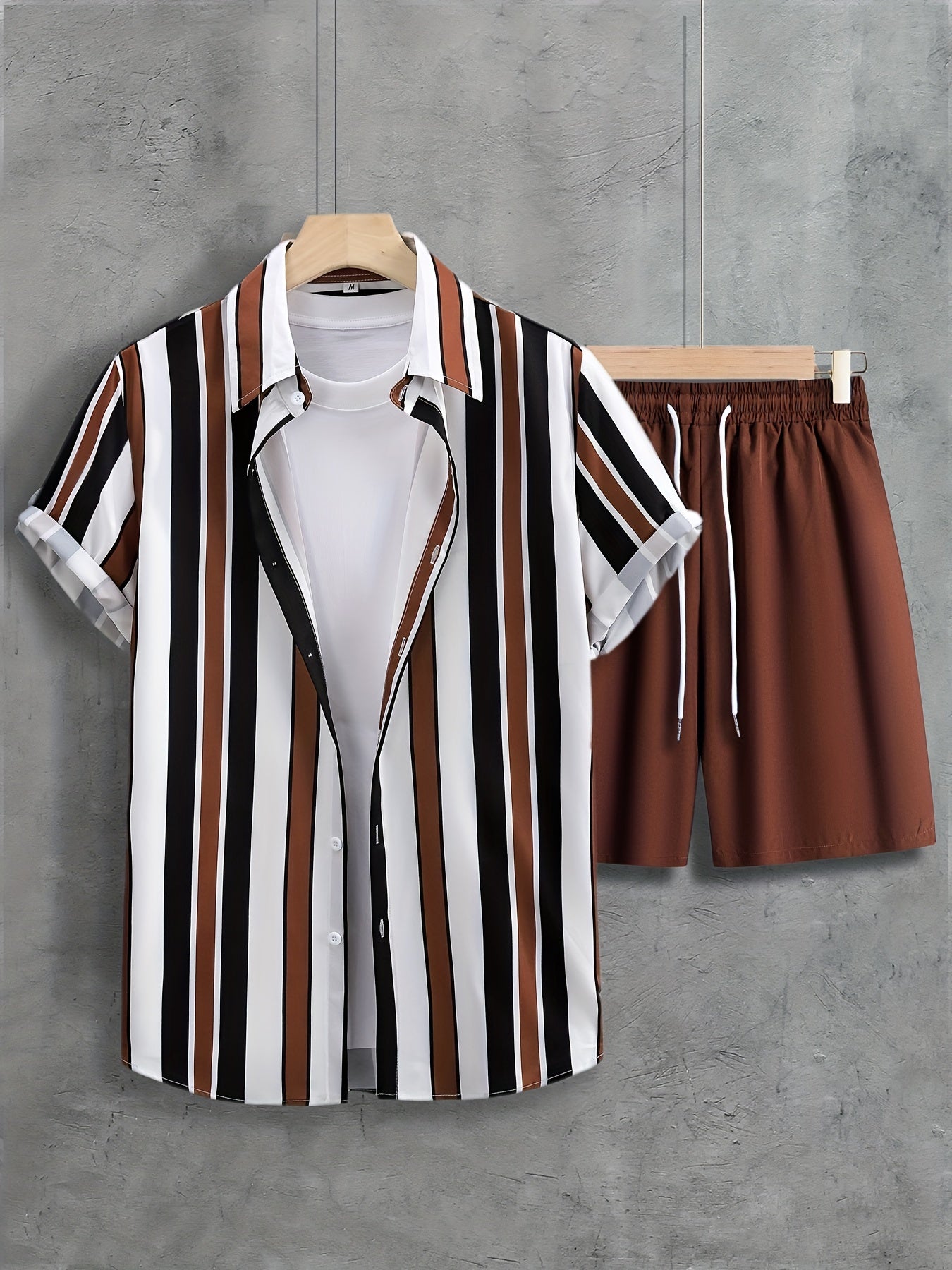 Men's 2Pcs Outfits, Casual Lapel Striped Button-Up Shirt & Drawstring Shorts Set for Summer, Daily Leisure Vacation Resorts