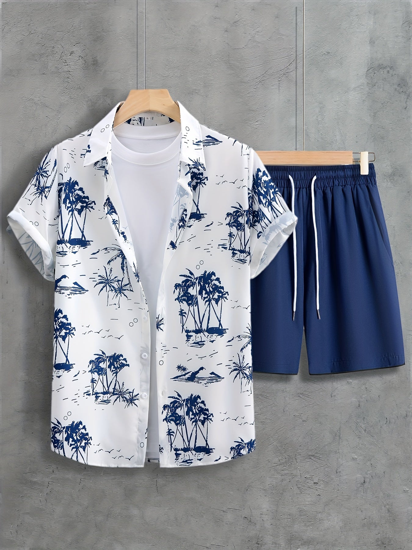 Coconut Trees, Men's 2pcs, Short Sleeve Graphic Print Button Up Shirt And Drawstring Shorts co ord set