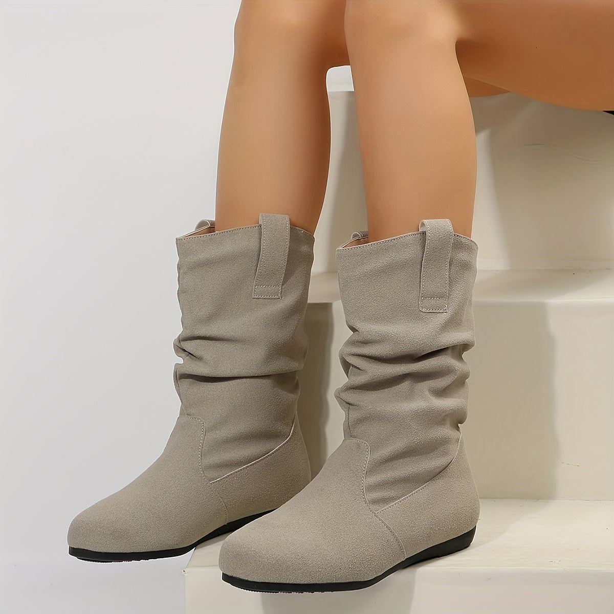 Women's Slouchy Mid Calf Boots, Comfy V-cut Pull On Plush Lined Warm Flat Shoes, Winter Thermal Boots