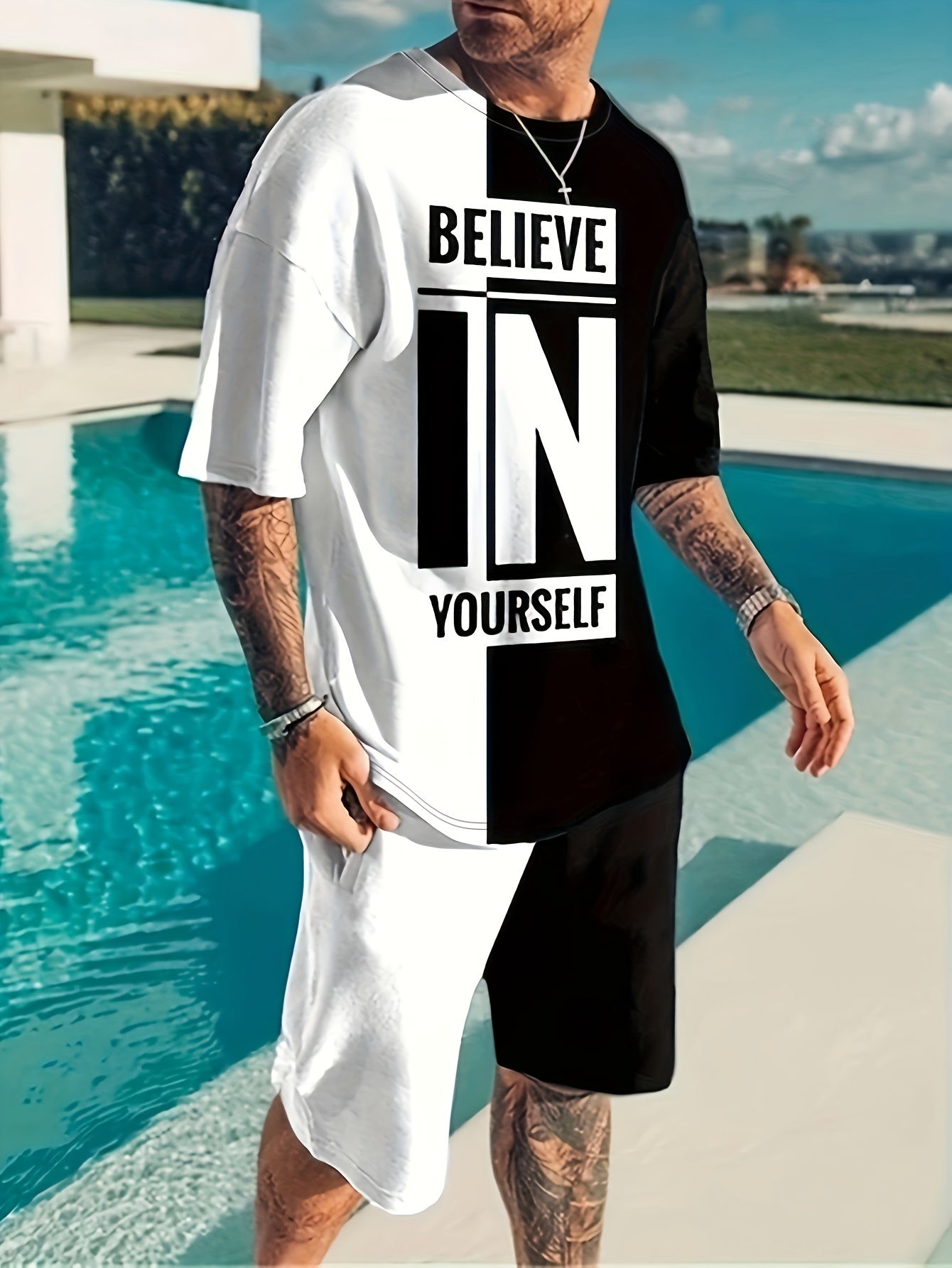 Believe In Yourself Print, Men's 2Pcs Outfits, Casual Crew Neck Short Sleeve T-shirt And Drawstring Shorts Set For Summer, Men's Clothing