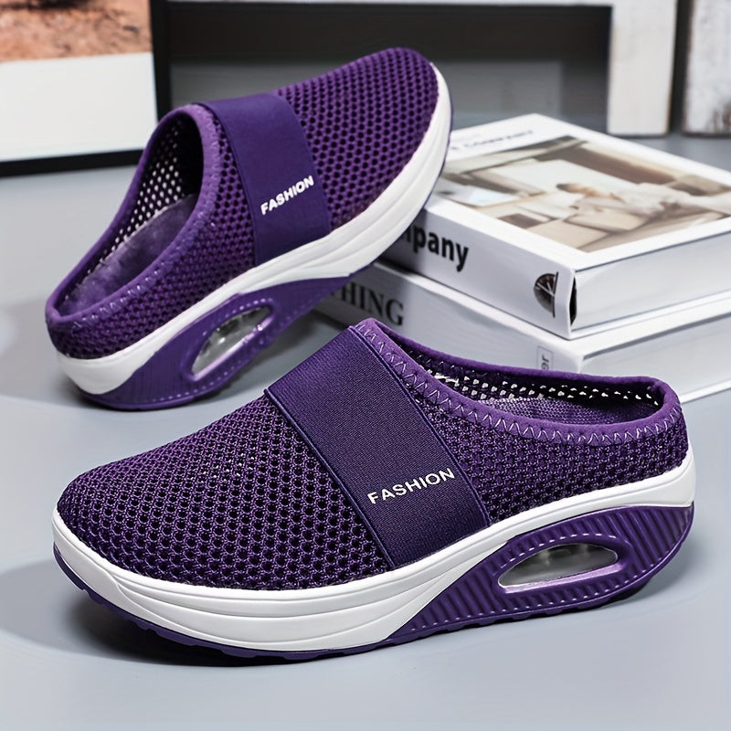 Women's Solid Color Mesh Sneakers, Soft Sole Platform Air-cushion Walking Shoes, Half Drag Breathable Daily Shoes plus size