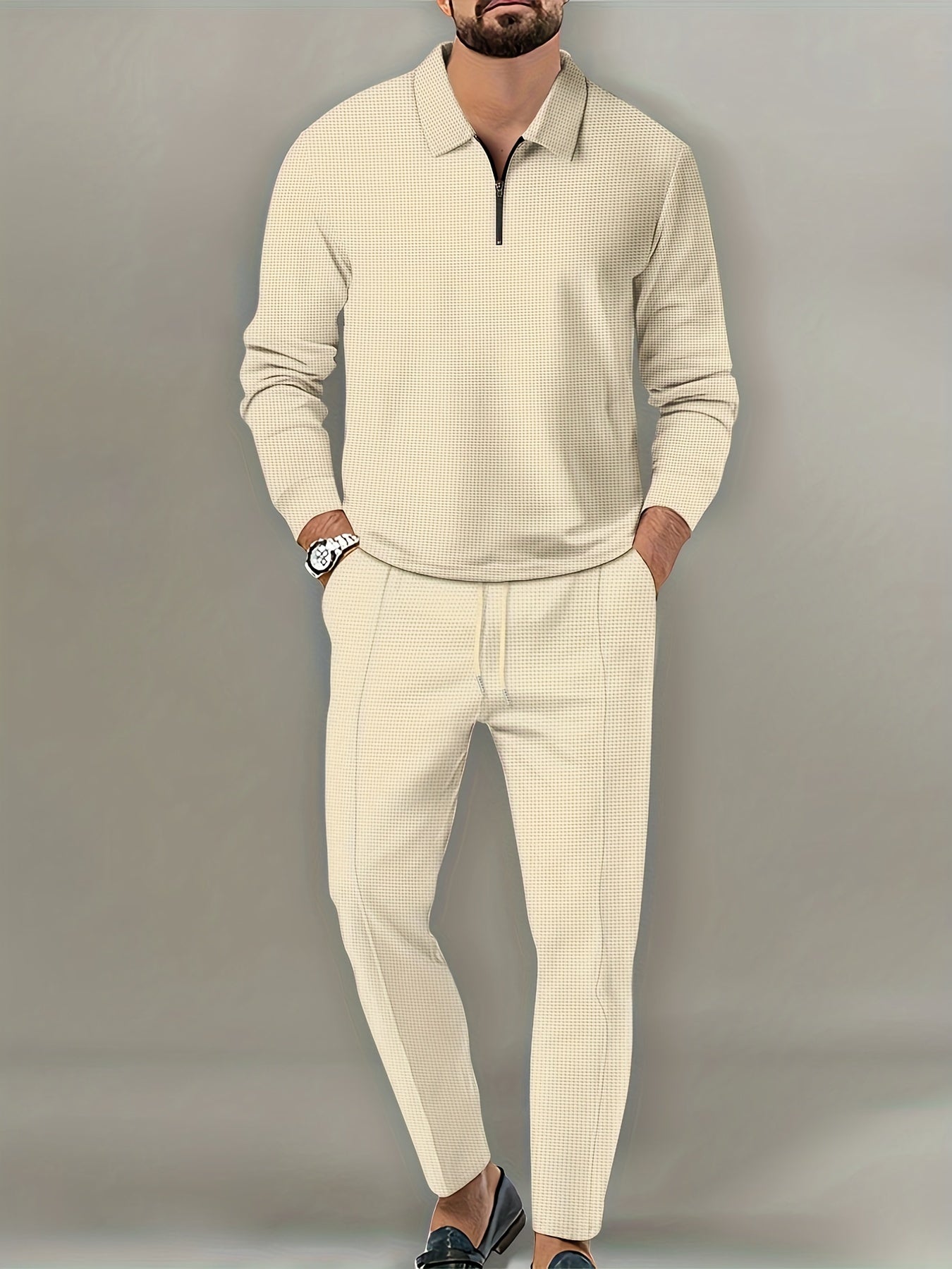 Waffle Pattern Men's 2Pcs Outfits, V Neck Long Sleeve Pullover Shirt & Drawstring Sweatpants Set for Spring/Fall