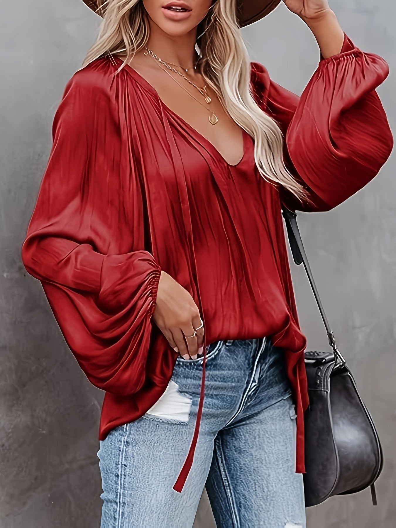 Lantern Long Sleeve Satin Blouse, Elegant V Neck Tops For Spring & Summer, Women's Clothing