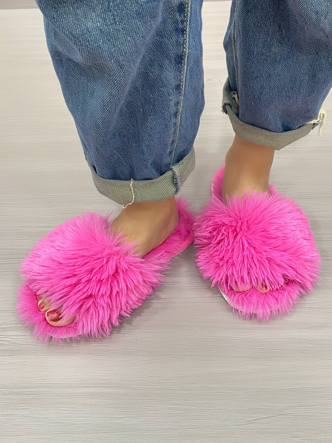 Women's Fluffy Furry Winter Slippers, Solid Color Open Toe Soft Flat Shoes, Cozy & Warm Home Floor Slippers