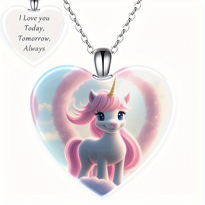 Exquisite Unicorn Heart-Shaped Crystal Pendant Necklace, Cute Animal Design Neck Jewelry For Women