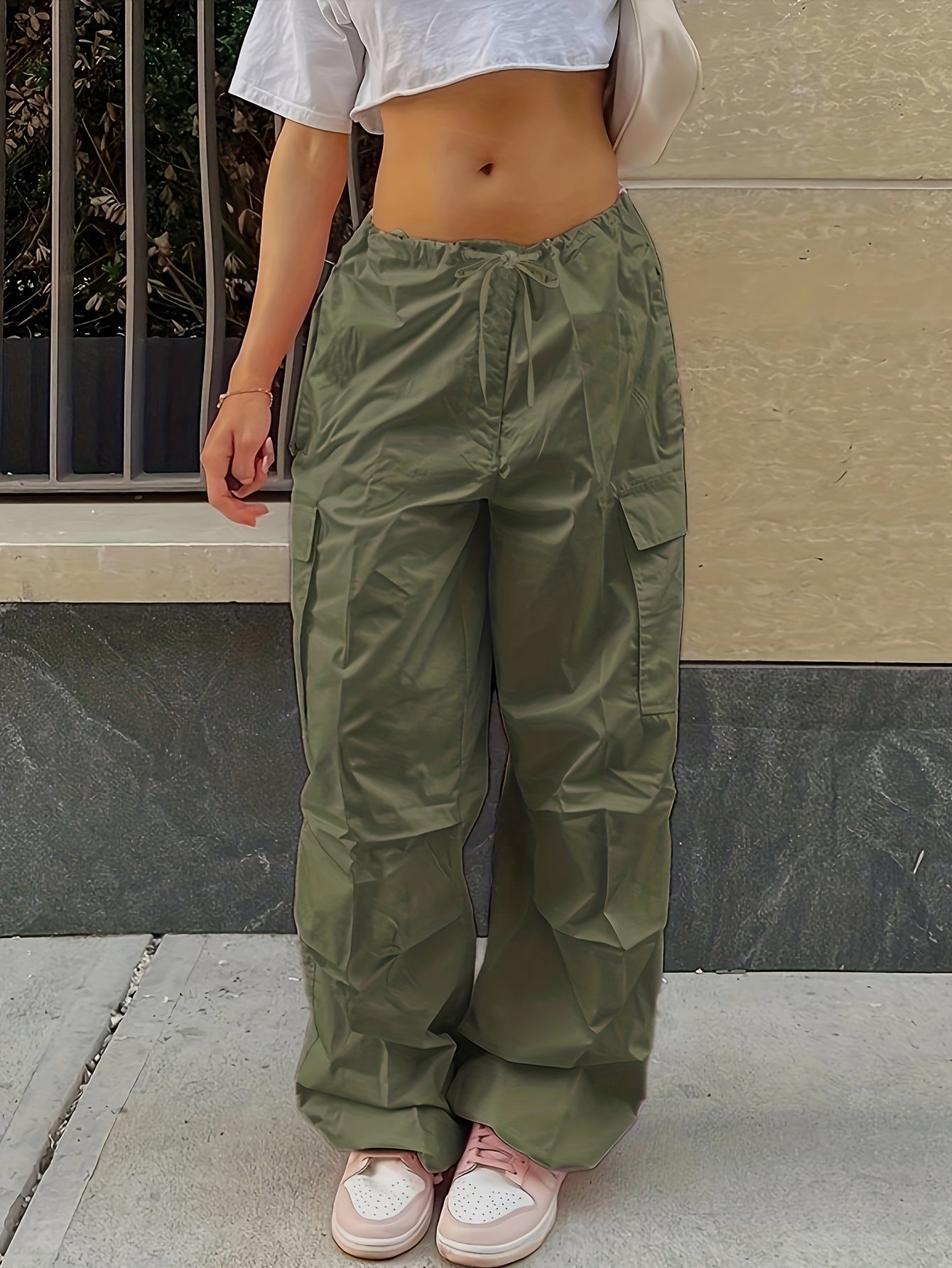 Y2K Loose Drawstring Cargo Pants, Casual Pocket High Waist Solid Wide Leg Fashion Comfy Pants, Women's Clothing