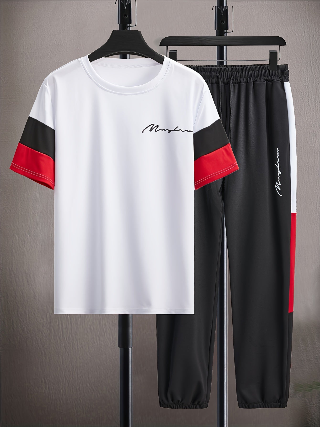 Men's Colorblock Casual T-shirt Outfit Set, 2 Pieces Round Neck Short Sleeve Tees And Drawstring Long Pants