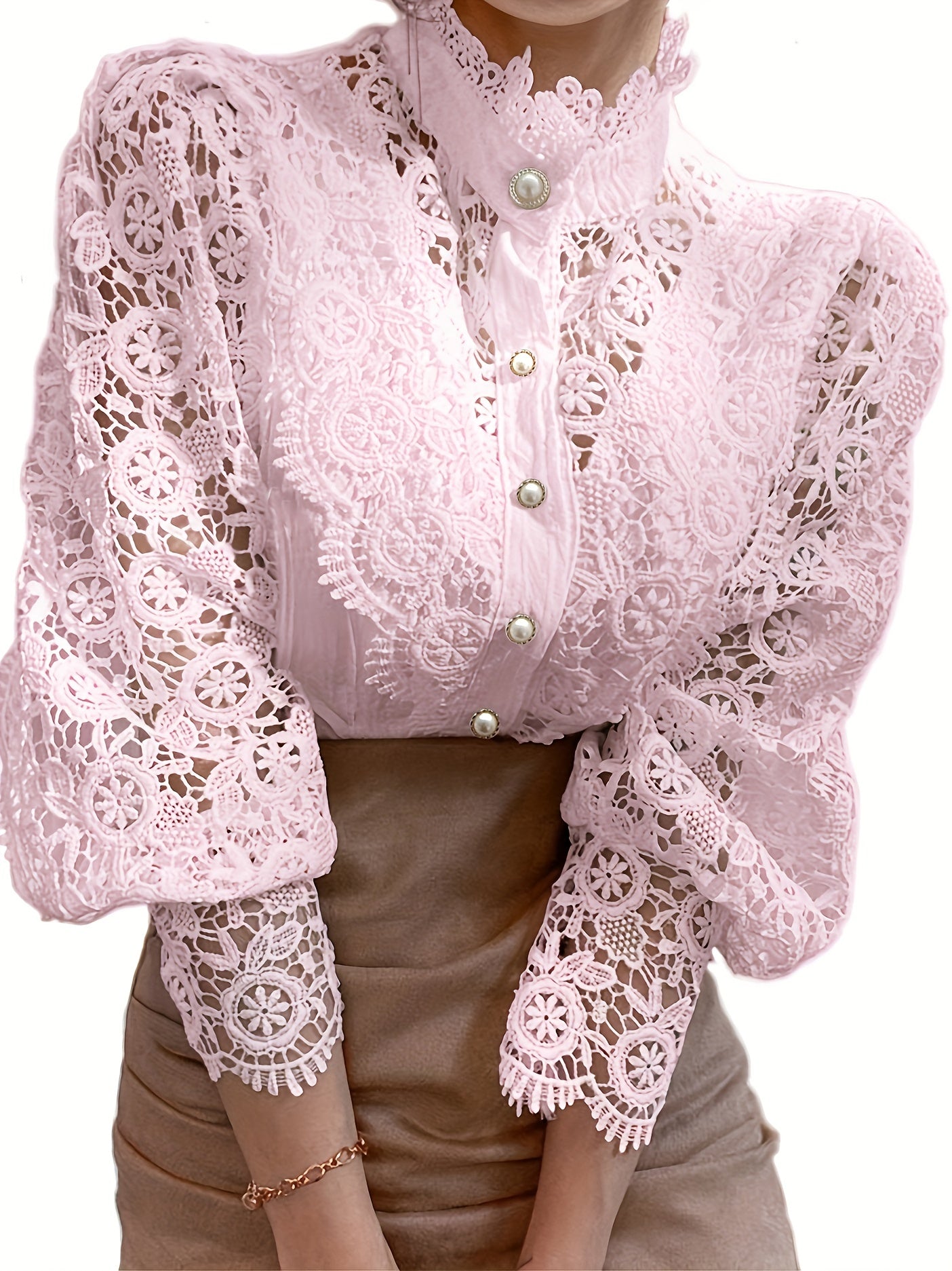 Women's Blouse Lace Puff Sleeve Lantern Sleeve Solid Pleated Women Blouse