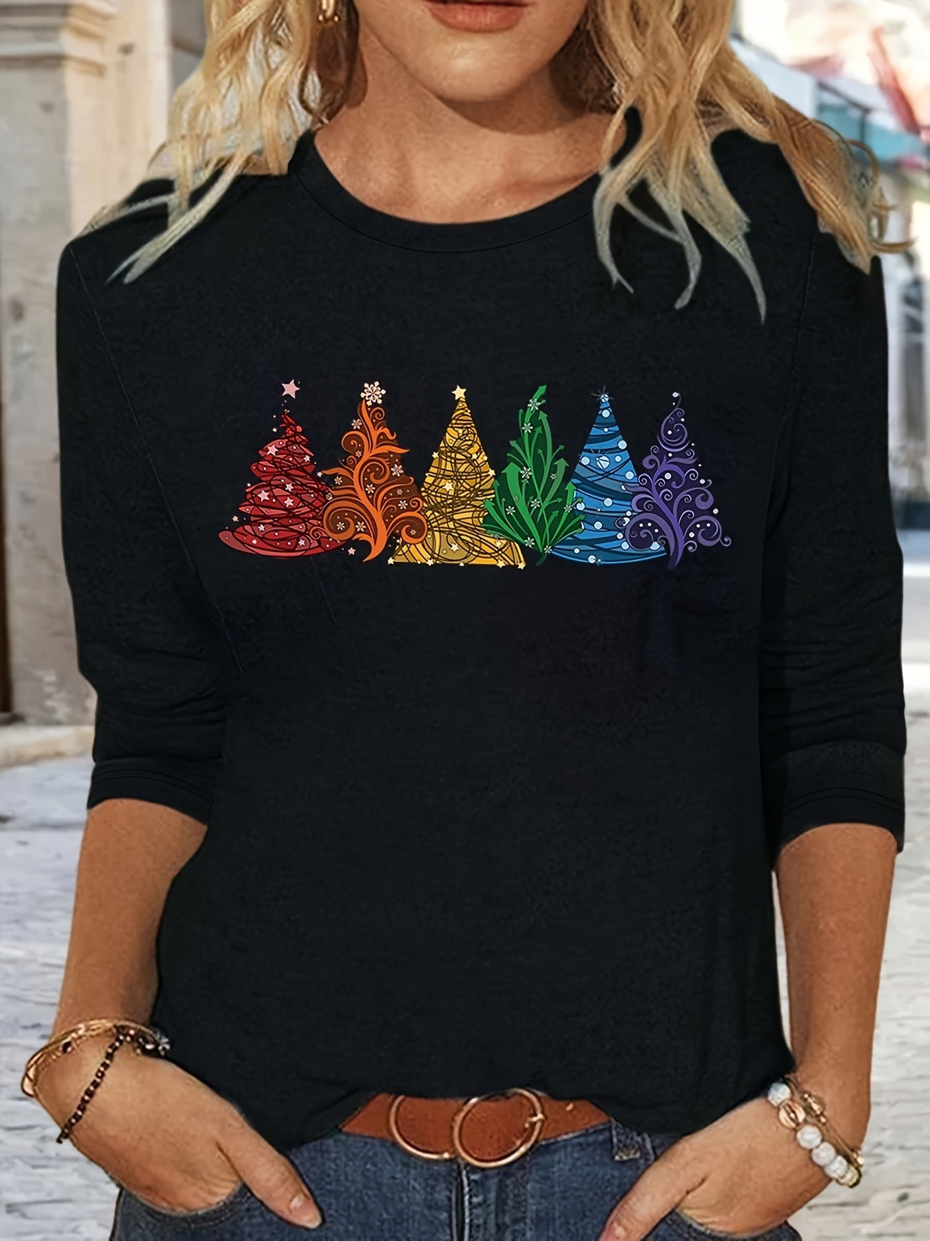 Christmas Tree Print Crew Neck T-Shirt, Casual Long Sleeve T-Shirt For Spring & Fall, Women's Clothing