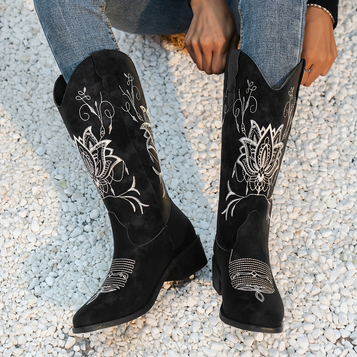 Women's Embroidered Western Mid-Calf Boots - Comfy Low Block Heel, Square Toe, Easy Slip-On Casual Cowboy Boots