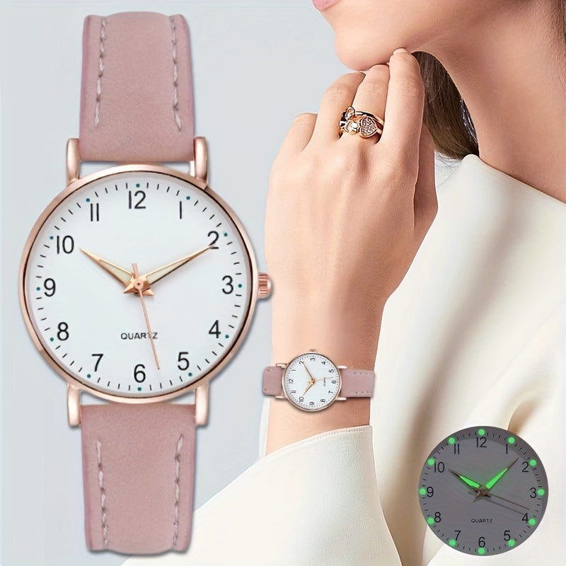 Cute Round Pointer Quartz Watch Luminous Analog Matte Color PU Wrist Watch For Women Daily Use