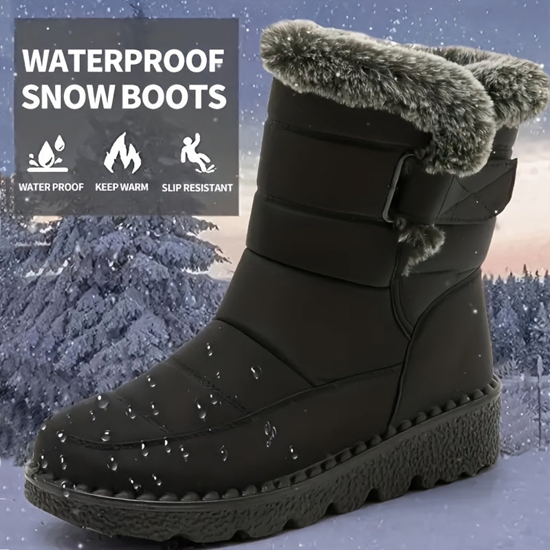 Mid-Calf Women's Winter Boots - Waterproof, Insulated, Faux Fur Lined, Anti-Slip, Comfortable, Warm, Closed-Toe, Magic Tape Closure, Black