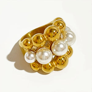 Women's Stainless Steel Chunky Gold Plated Pearls Rings