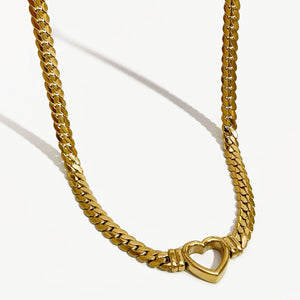 Women's Gold PVD Plated Thick Chain Hollow Heart Choker Necklace