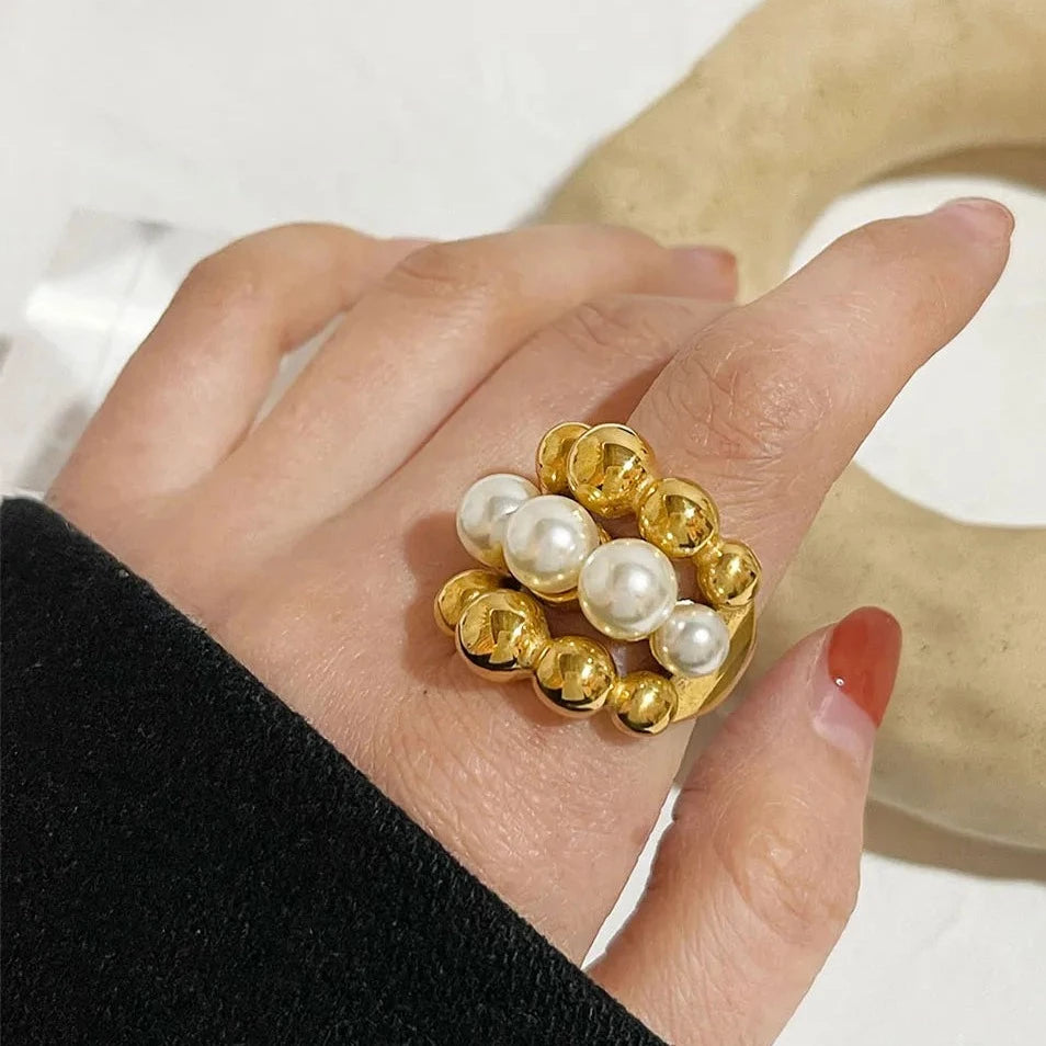 Women's Stainless Steel Chunky Gold Plated Pearls Rings