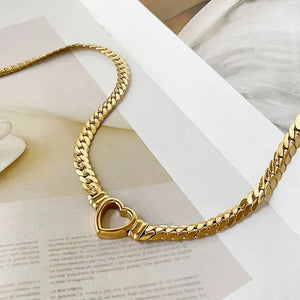 Women's Gold PVD Plated Thick Chain Hollow Heart Choker Necklace