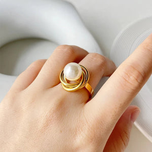 Women's Elegant Stainless Steel Wire Wrapped Gold Plated Pearl Rings