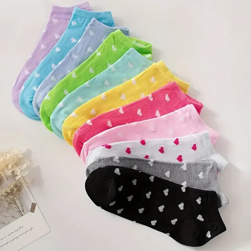 10//15/20/30 Pairs Heart Print Socks, Valentine's Day Candy Colored Ankle Socks, Women's Stockings & Hosiery