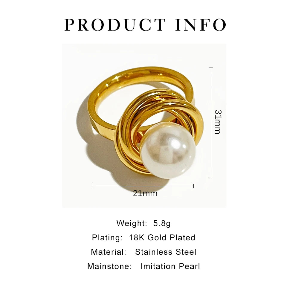 Women's Elegant Stainless Steel Wire Wrapped Gold Plated Pearl Rings