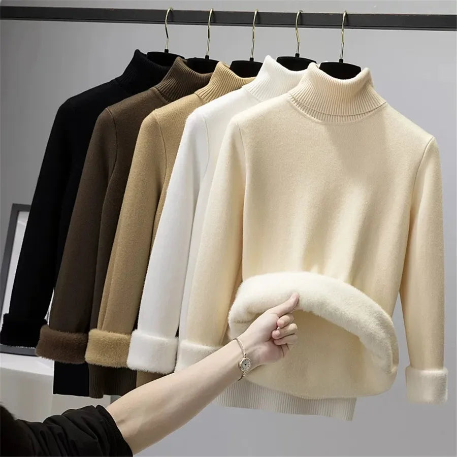 Women's Elegant Turtleneck Warm Sweater Thicken Velvet Lined Knitted Pullover