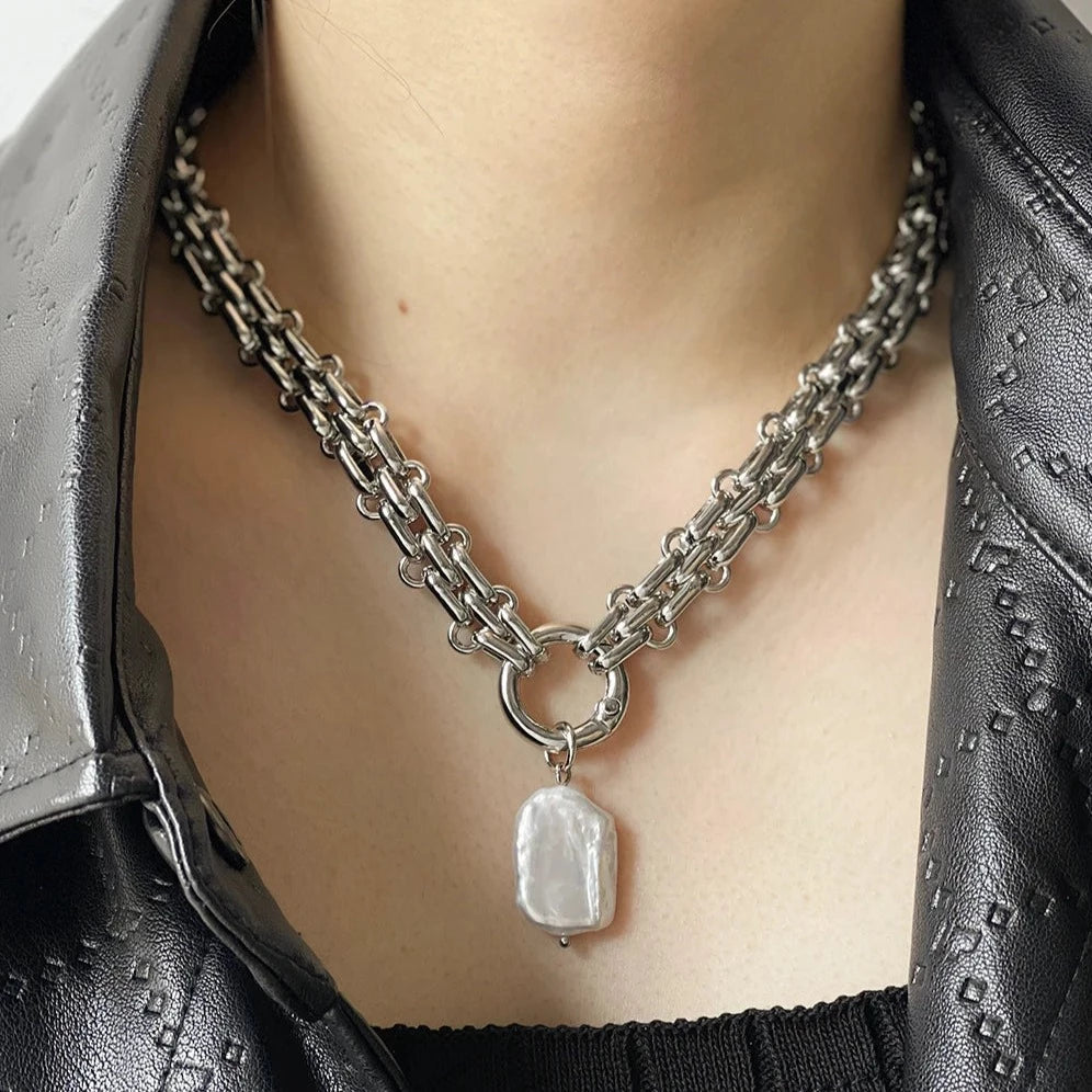 Women's Large Square Natural Freshwater Pearl Pendant Chunky Chain Necklace
